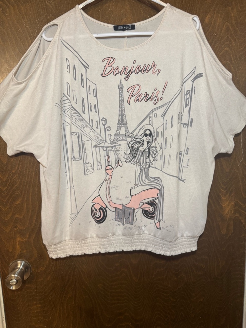 Love & Lace Bonjour Paris Cold-Shoulder Graphic Tee - Cream & Pink Scooter